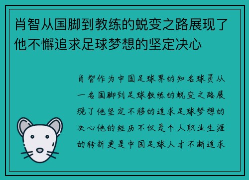 肖智从国脚到教练的蜕变之路展现了他不懈追求足球梦想的坚定决心