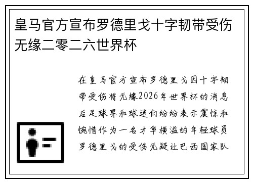皇马官方宣布罗德里戈十字韧带受伤无缘二零二六世界杯